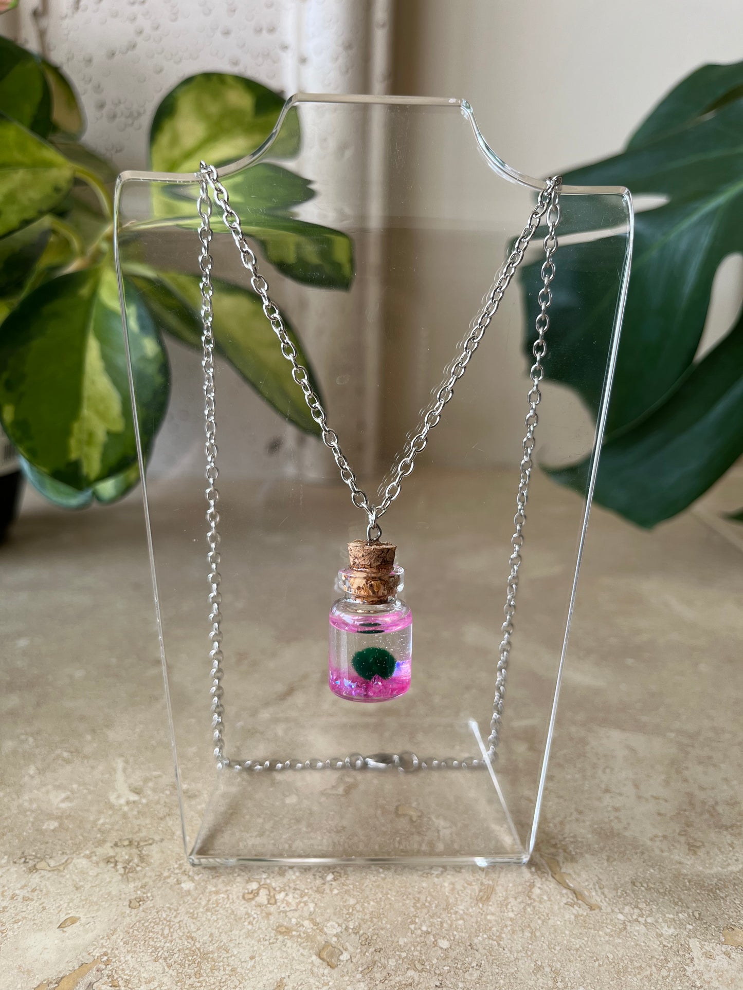 moss ball necklace - pink rocks - silver metal