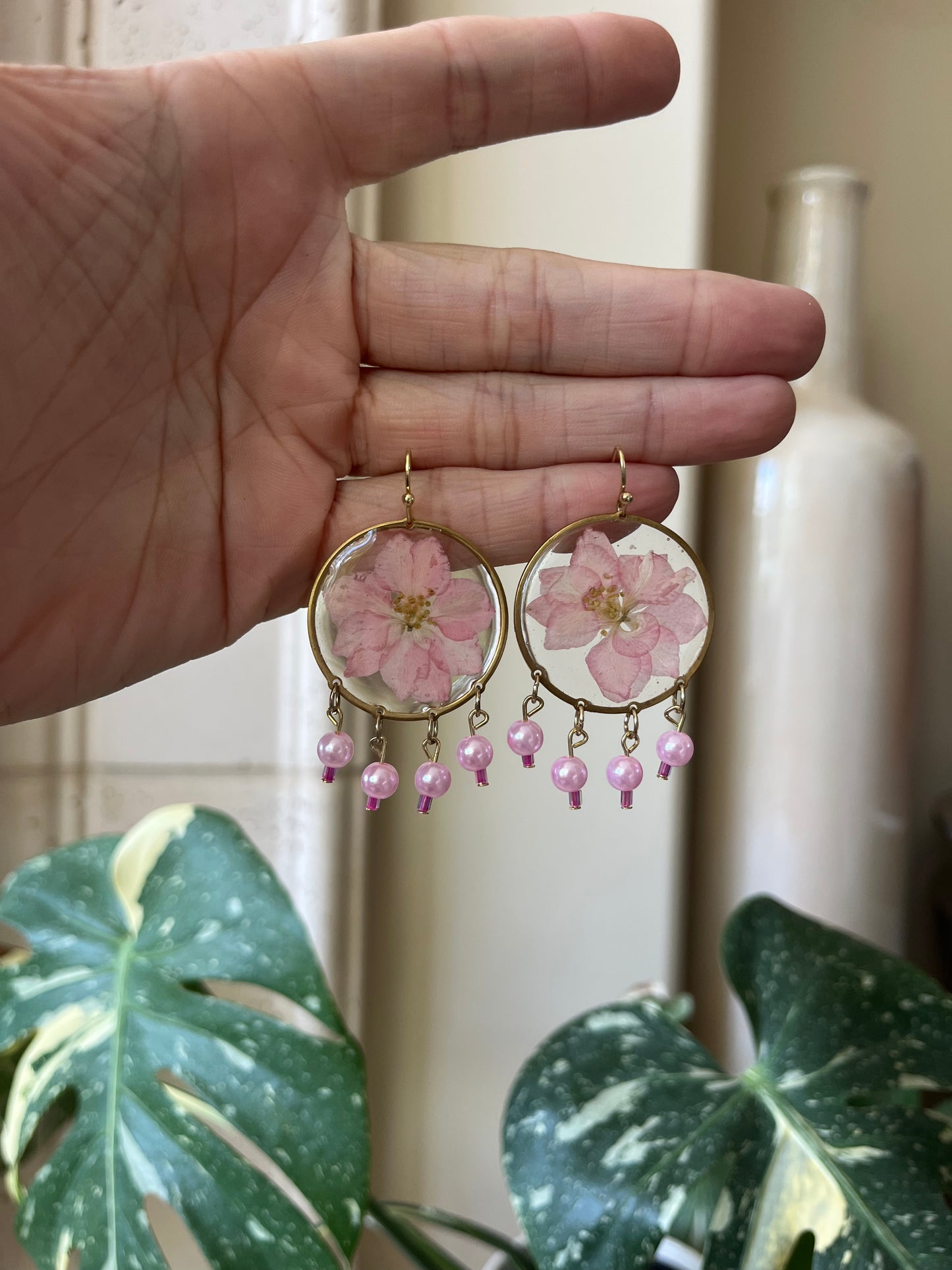 Pink larkspur with beads