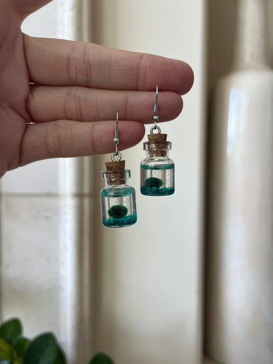 moss ball earring - turquoise rocks - silver metal