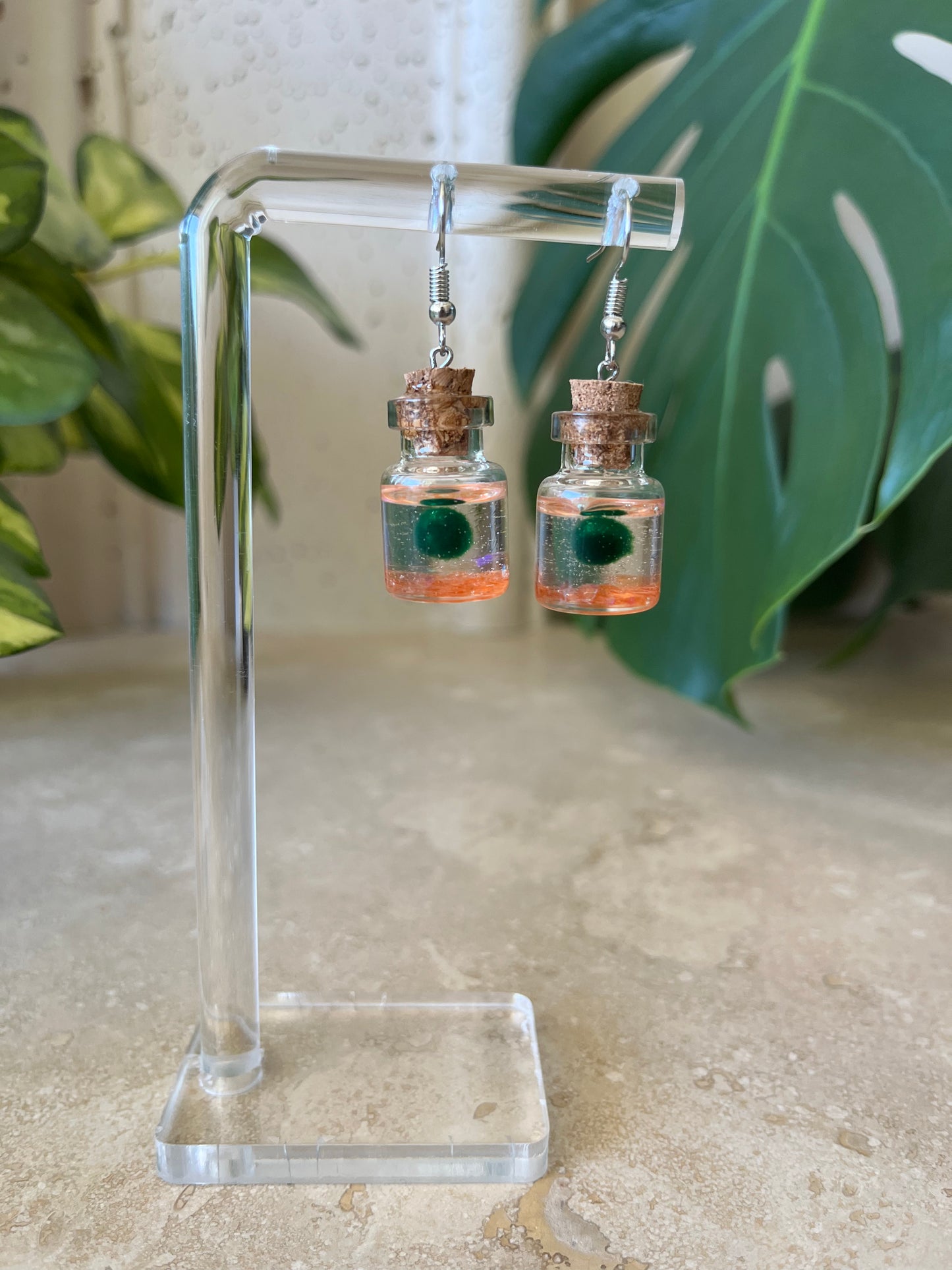 moss ball earring - orange rocks - silver metal